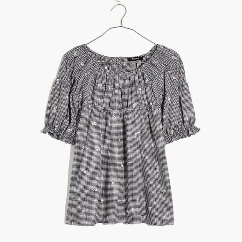 Madewell Black and White Gingham Smocked Peasant Blouse